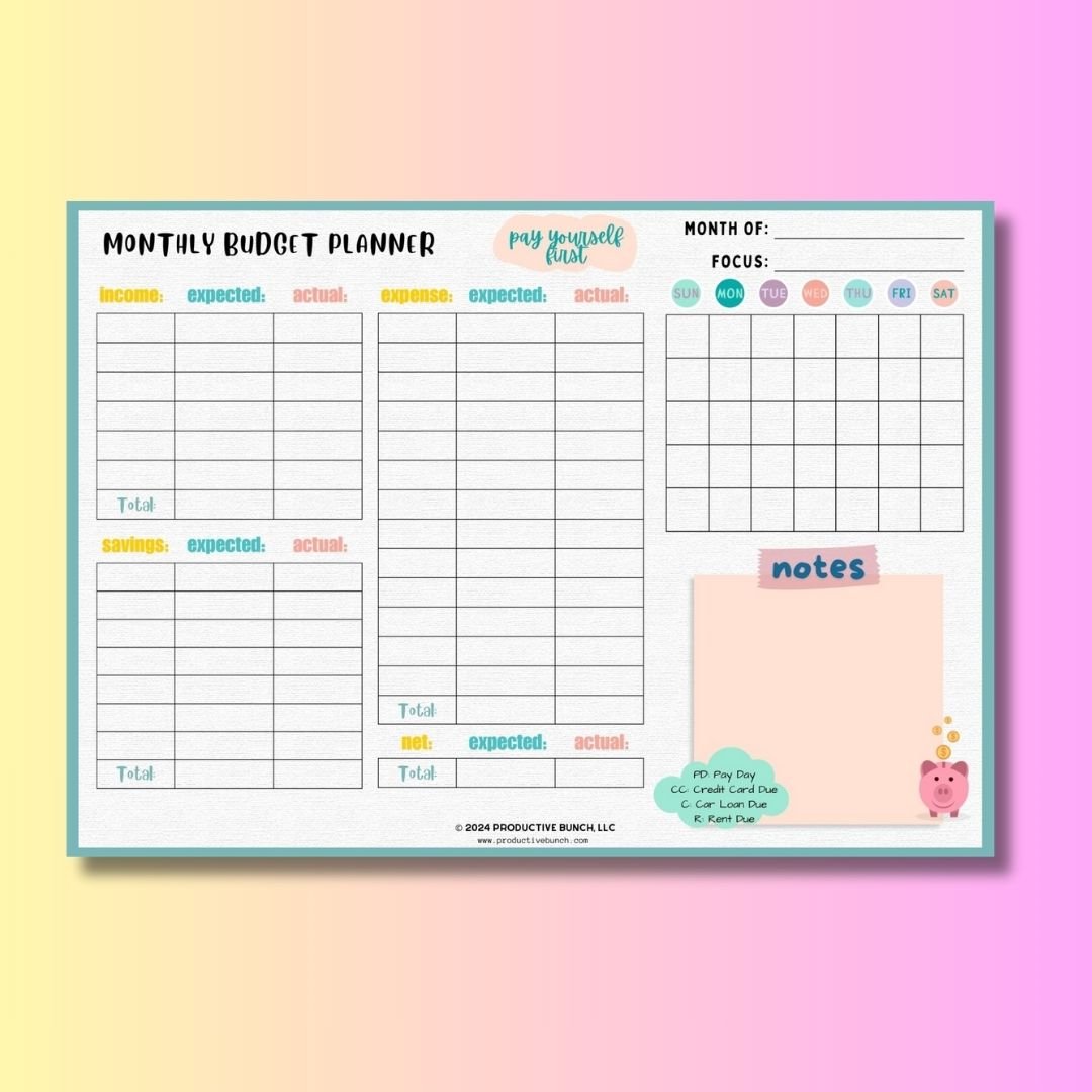 Monthly Budget Planner Pad
