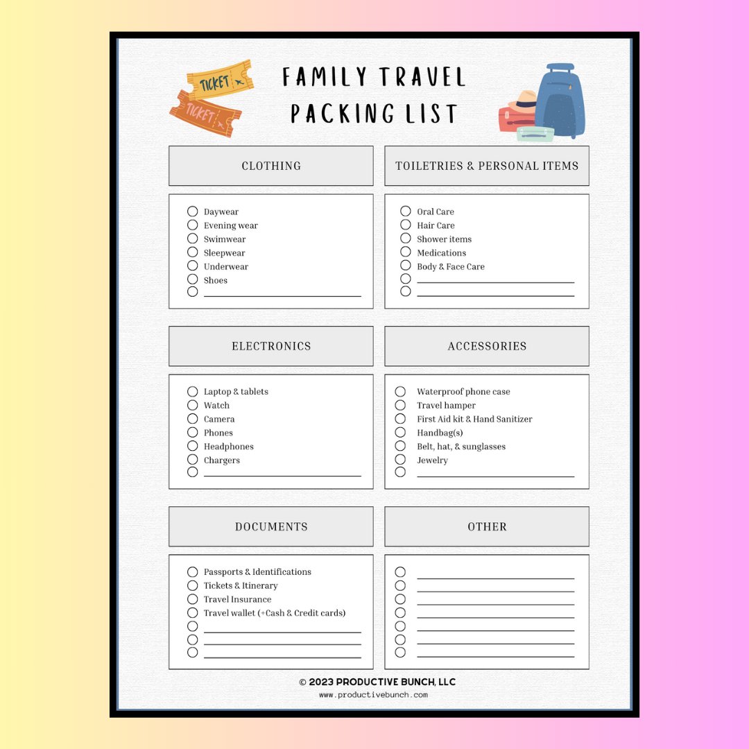 Family Travel Packing List Pad