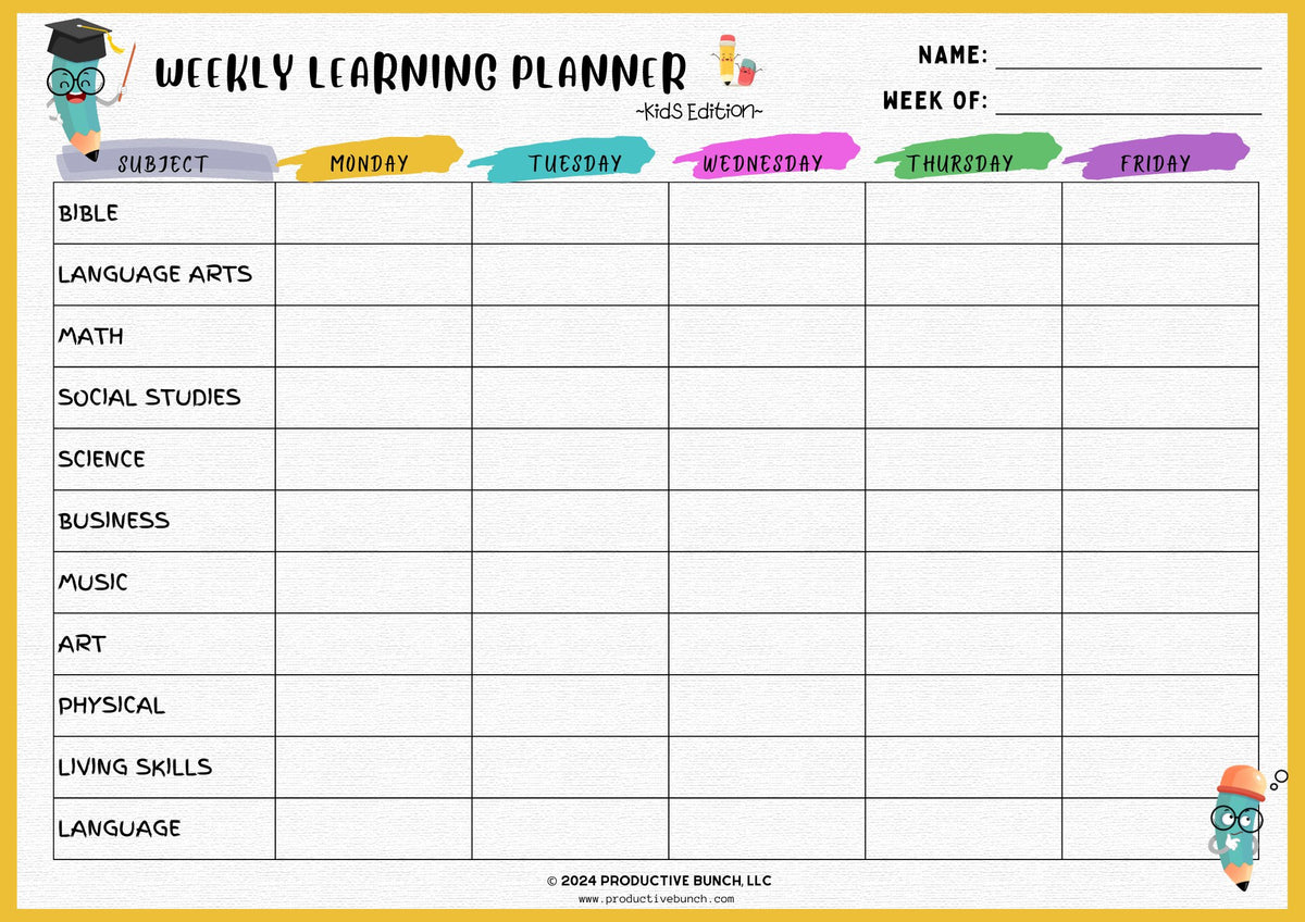 Learning Planer Weekly Learning Planner Kids Edition – Productive Bunch