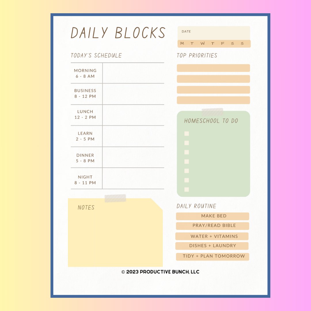 Optimize homeschooling with a daily block schedule pad homeschool edition. Stay organized!